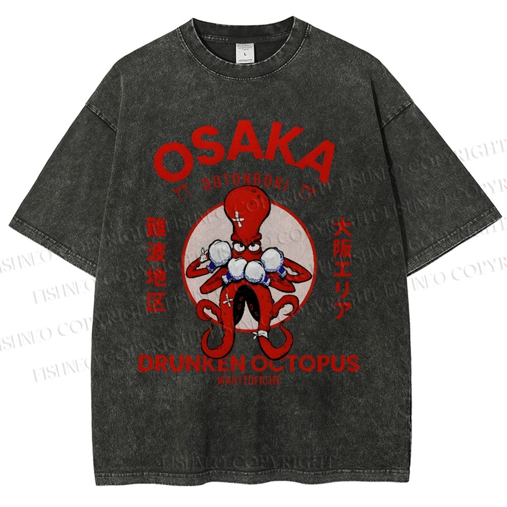 Unisex Octopus Drinks Soju Printed Washed Tee