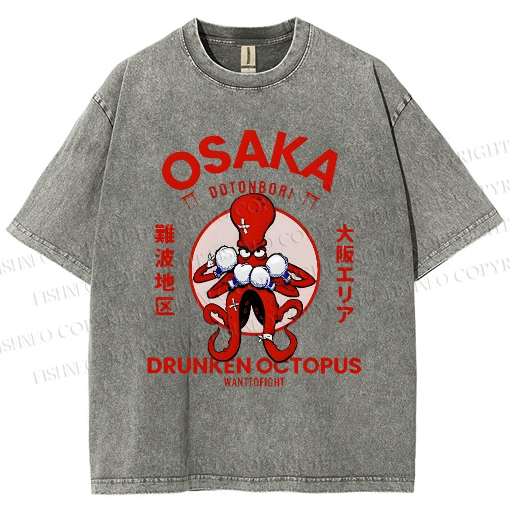 Unisex Octopus Drinks Soju Printed Washed Tee