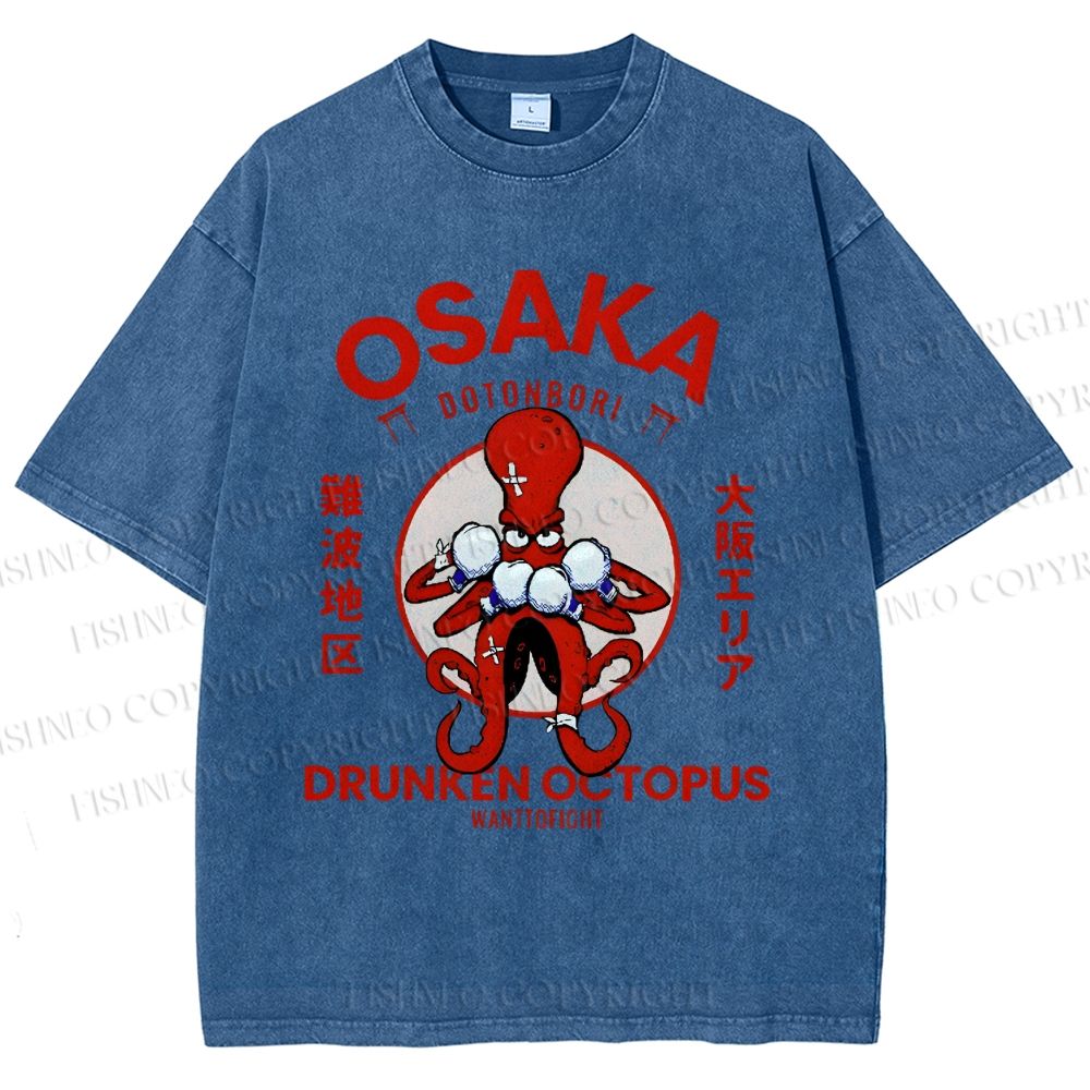 Unisex Octopus Drinks Soju Printed Washed Tee