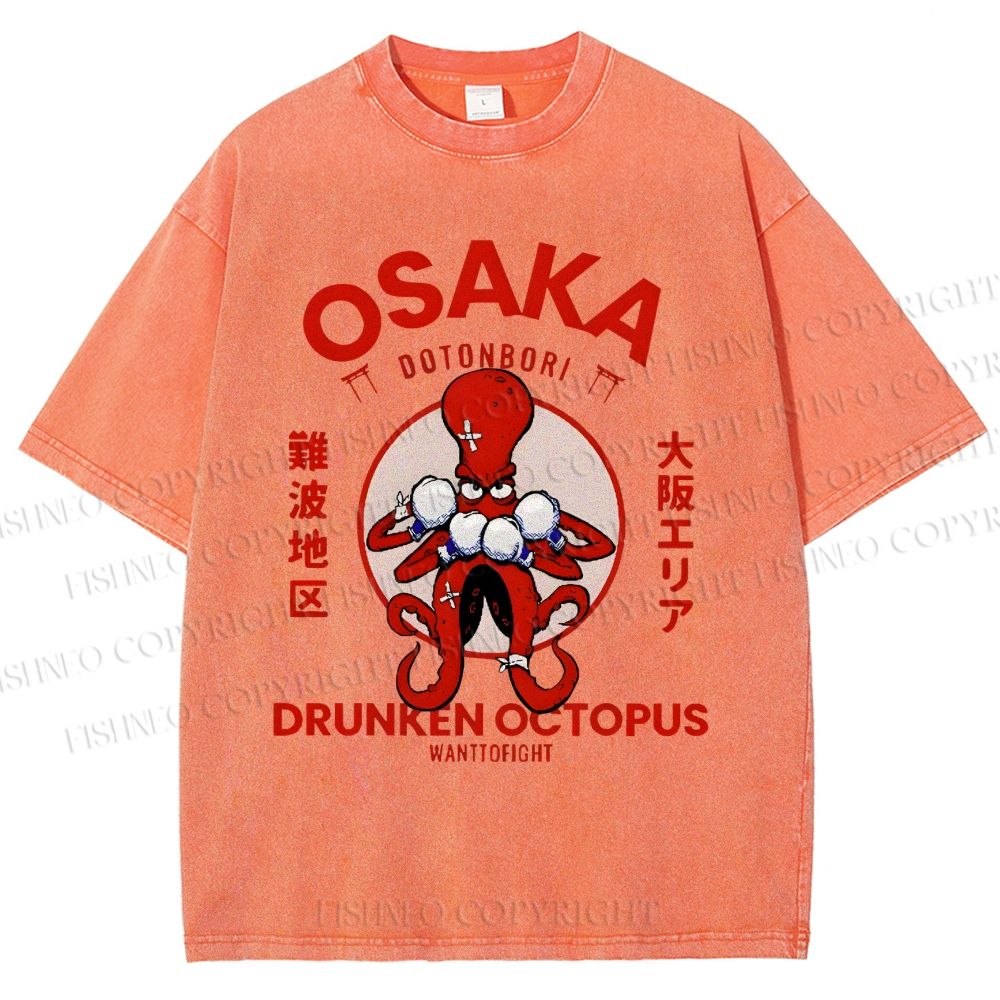 Unisex Octopus Drinks Soju Printed Washed Tee