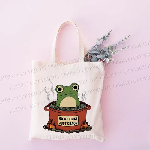 Casual Frog No Worries Just Chaos Printed Tote Bag