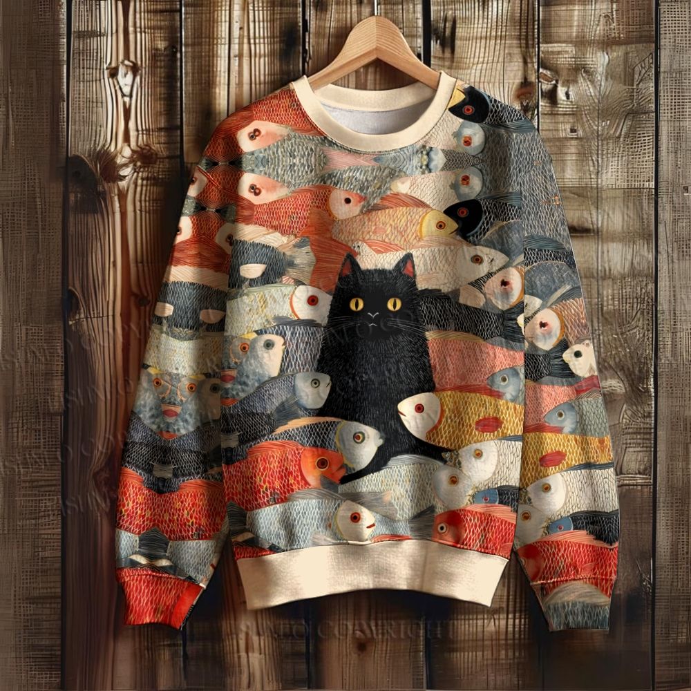 Vintage Japanese Black Cat Koi Fish Sweatshirt