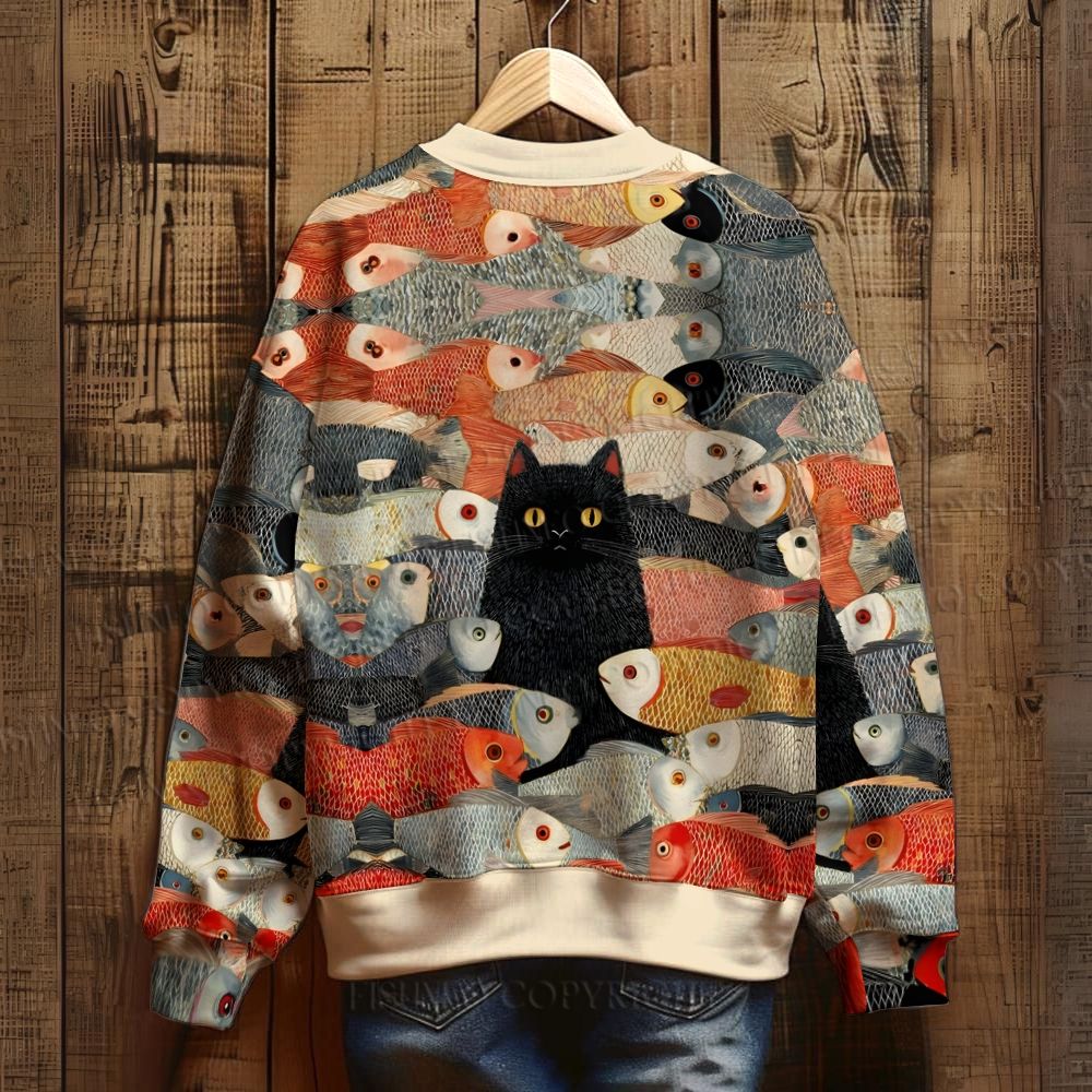 Vintage Japanese Black Cat Koi Fish Sweatshirt