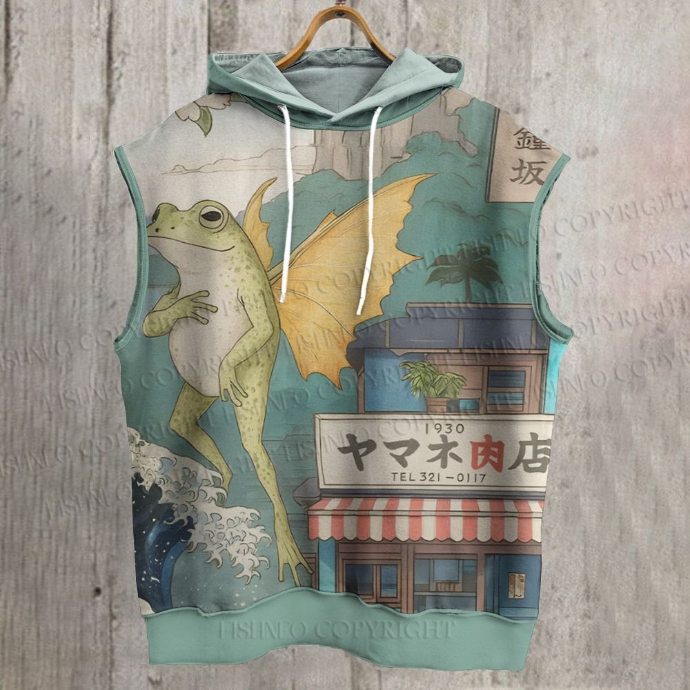 Unisex Vintage Frog Printed Sleeveless Hoodie