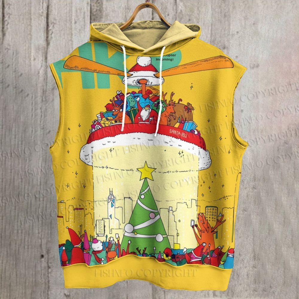 Unisex Santacopter Christmas Printed Sleeveless Hoodie