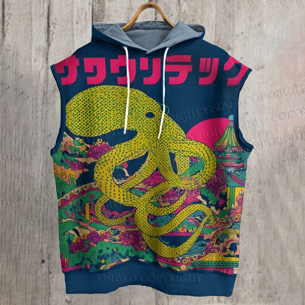 Unisex Japanese Ukiyo-e Vintage Octopus Printed Sleeveless Hoodie