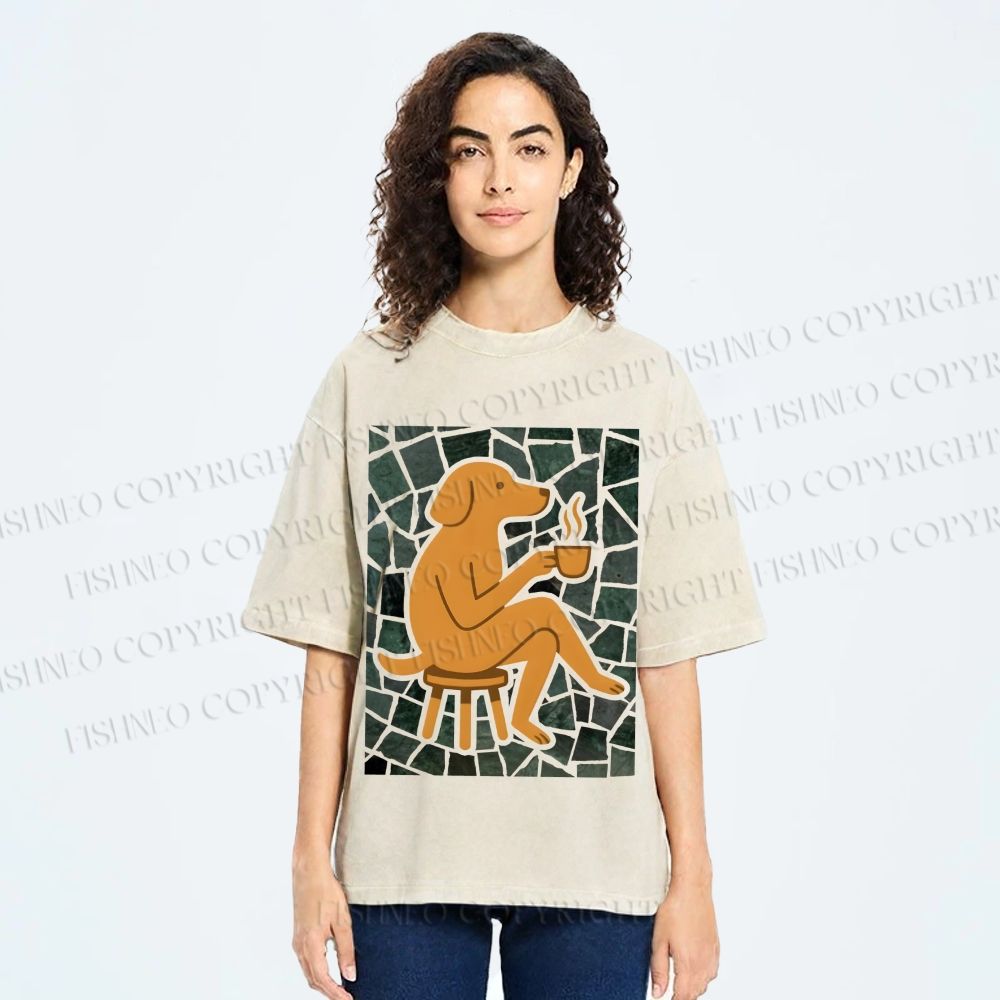 Unisex Relax Dog Having Coffee Printed Washed Tee
