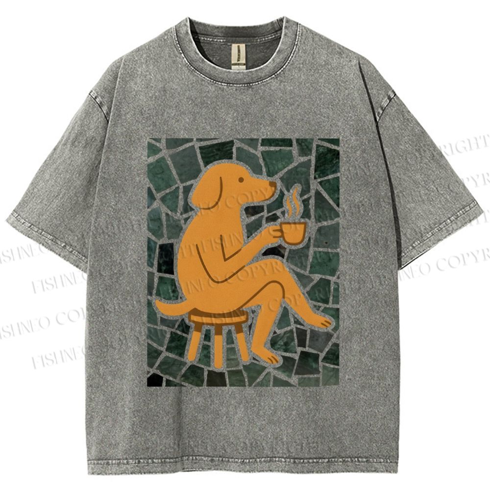 Unisex Relax Dog Having Coffee Printed Washed Tee