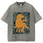 Unisex Relax Dog Having Coffee Printed Washed Tee
