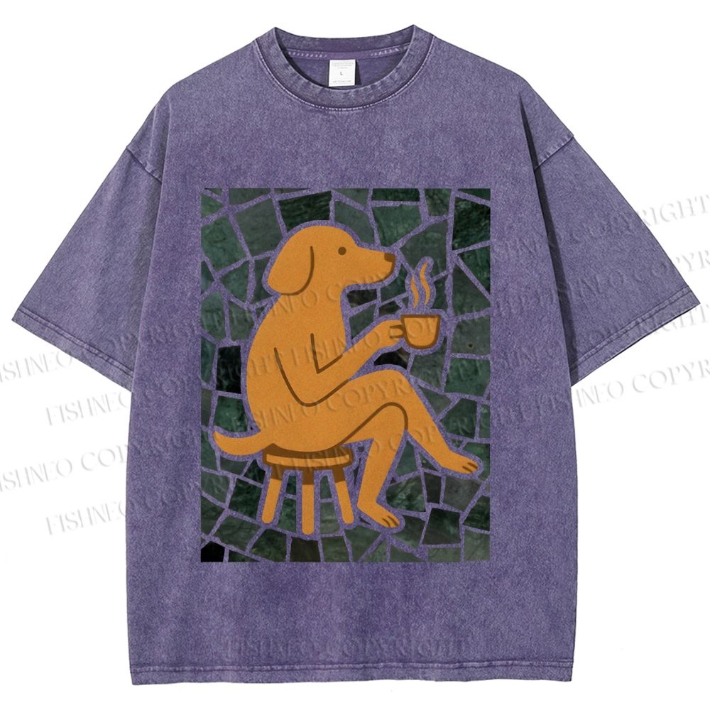 Unisex Relax Dog Having Coffee Printed Washed Tee