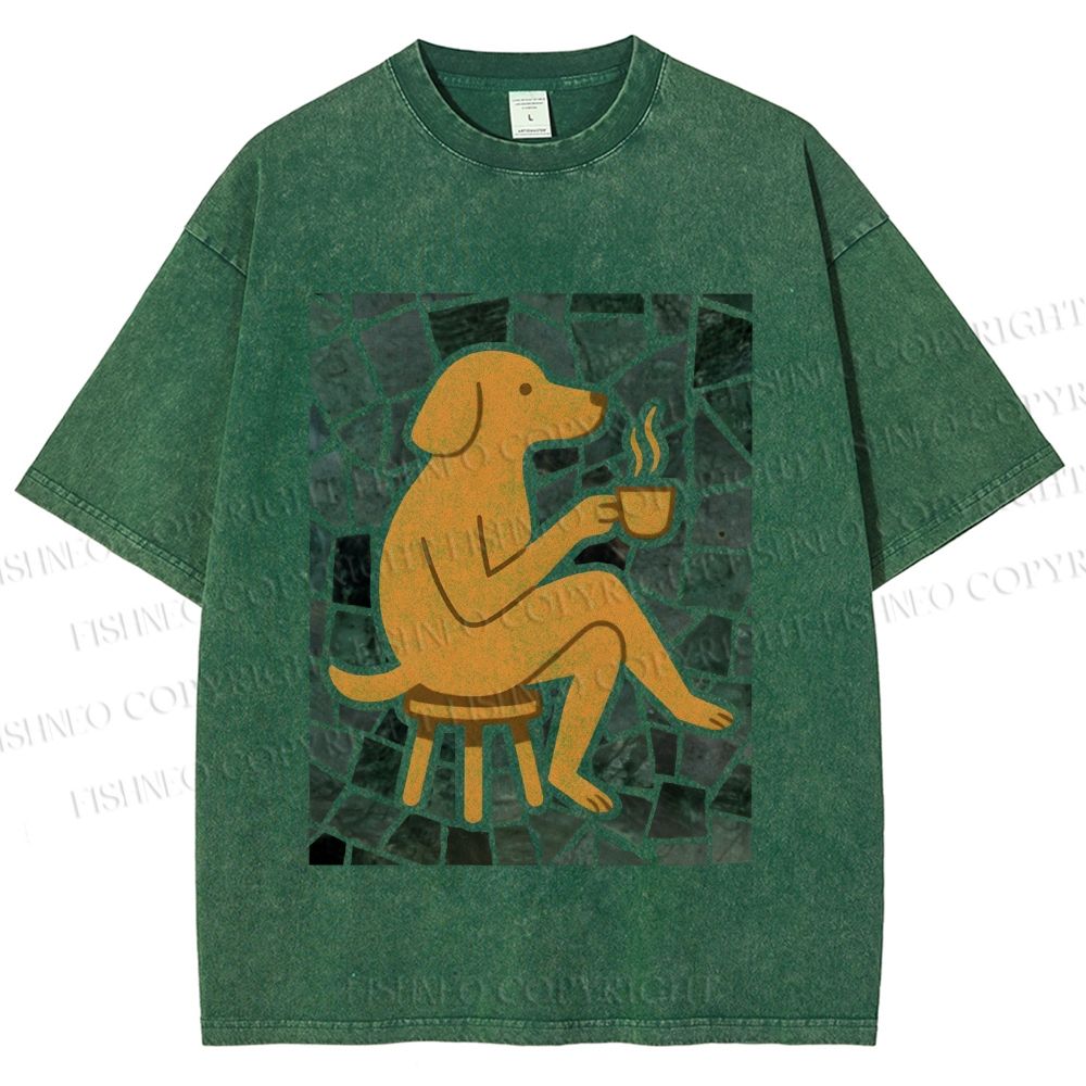 Unisex Relax Dog Having Coffee Printed Washed Tee