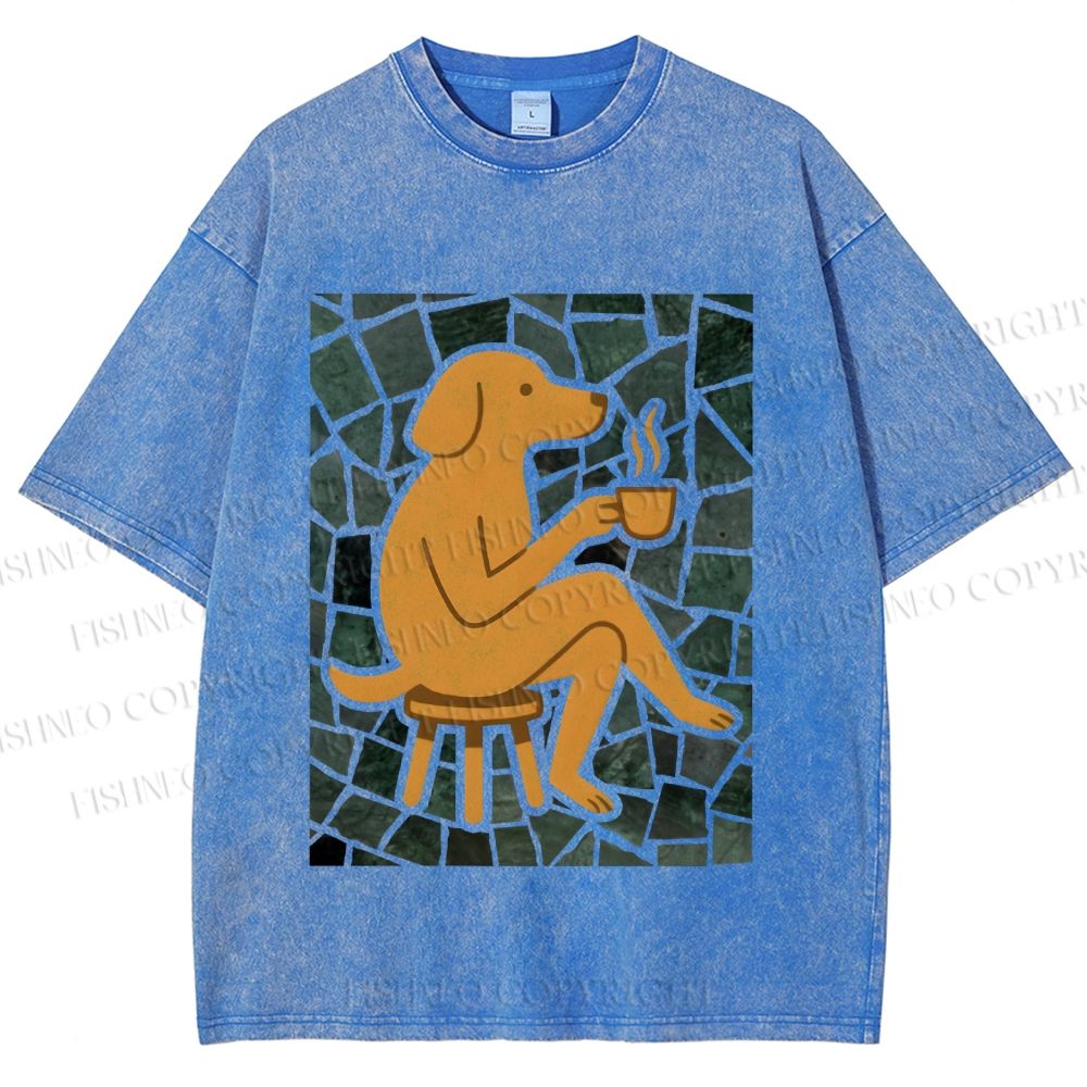Unisex Relax Dog Having Coffee Printed Washed Tee