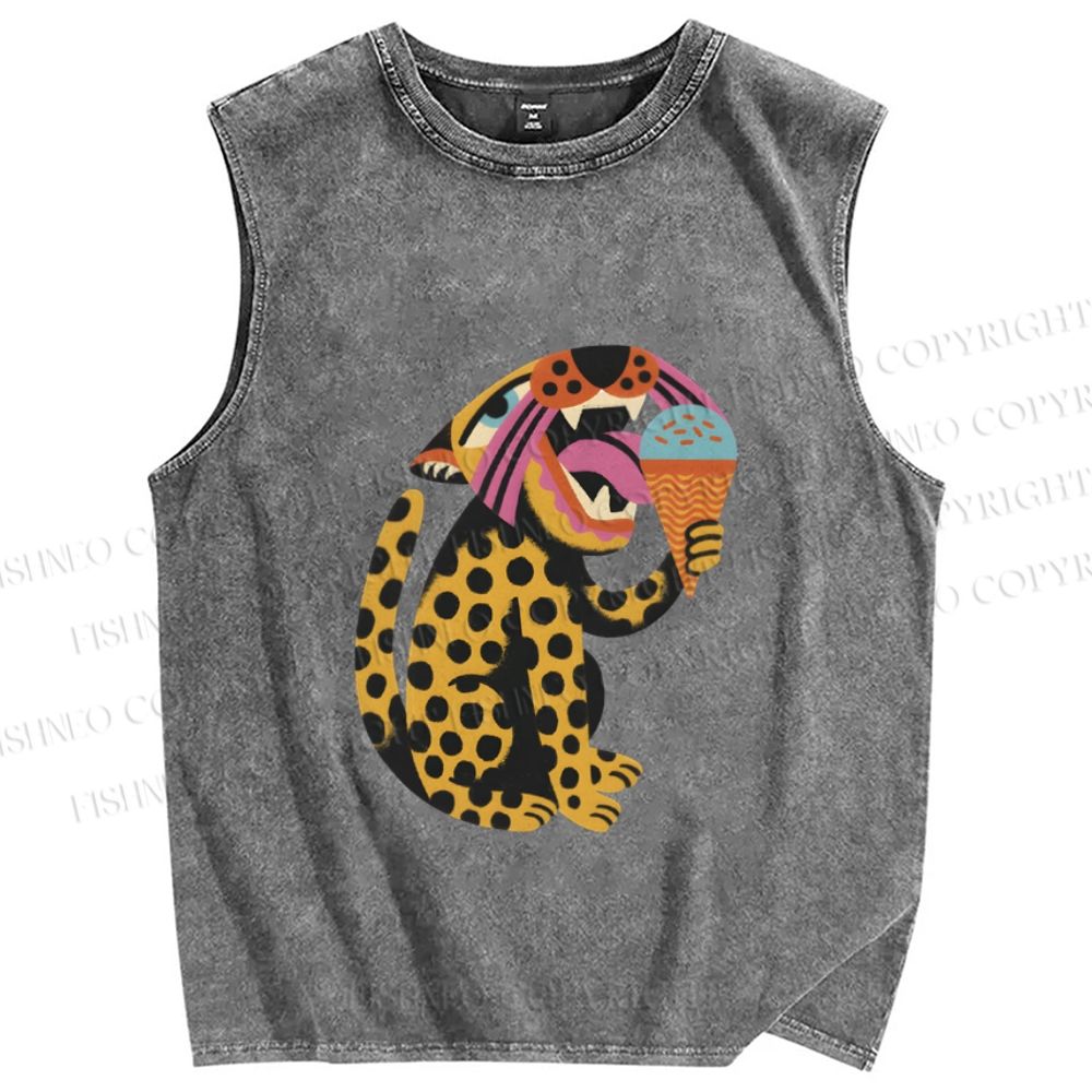 Unisex Panther Having Ice-cream Printed Washed Tank Top