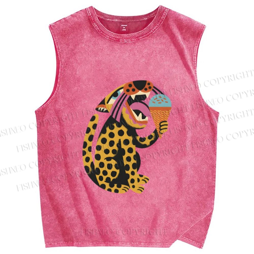 Unisex Panther Having Ice-cream Printed Washed Tank Top