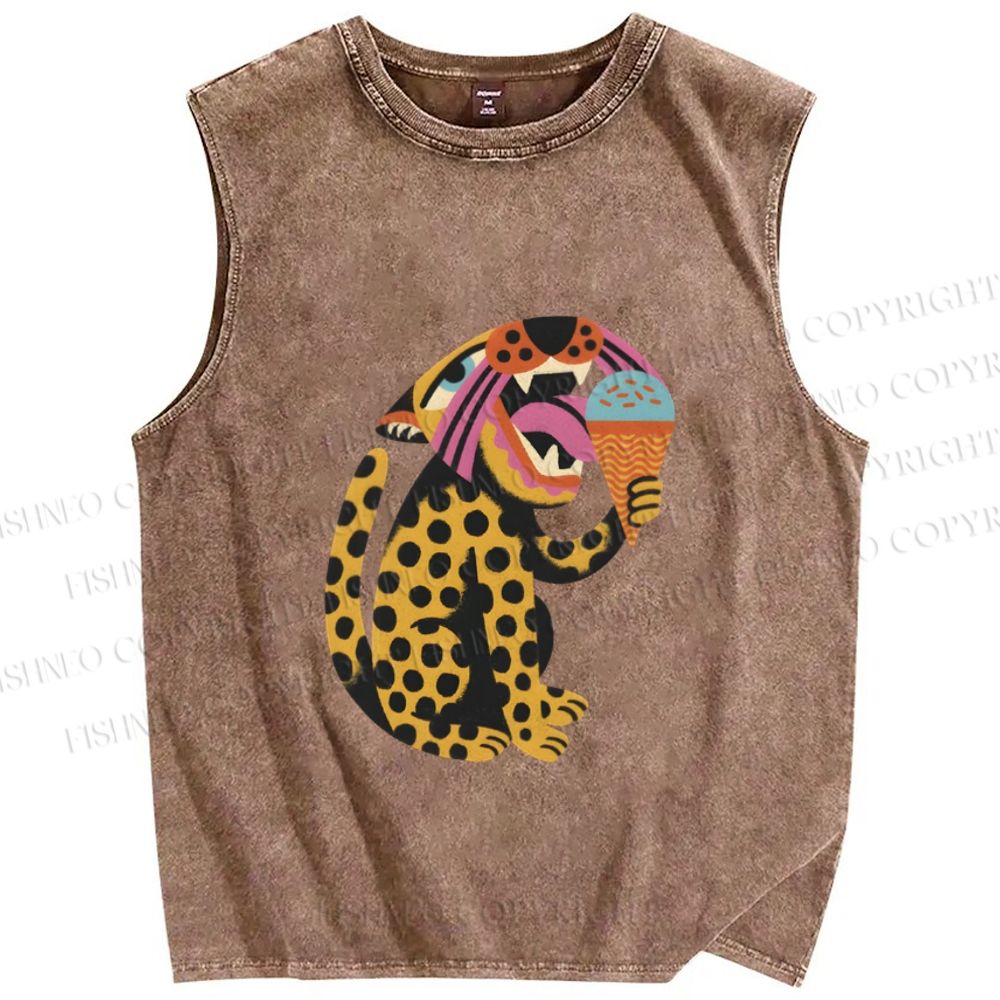 Unisex Panther Having Ice-cream Printed Washed Tank Top