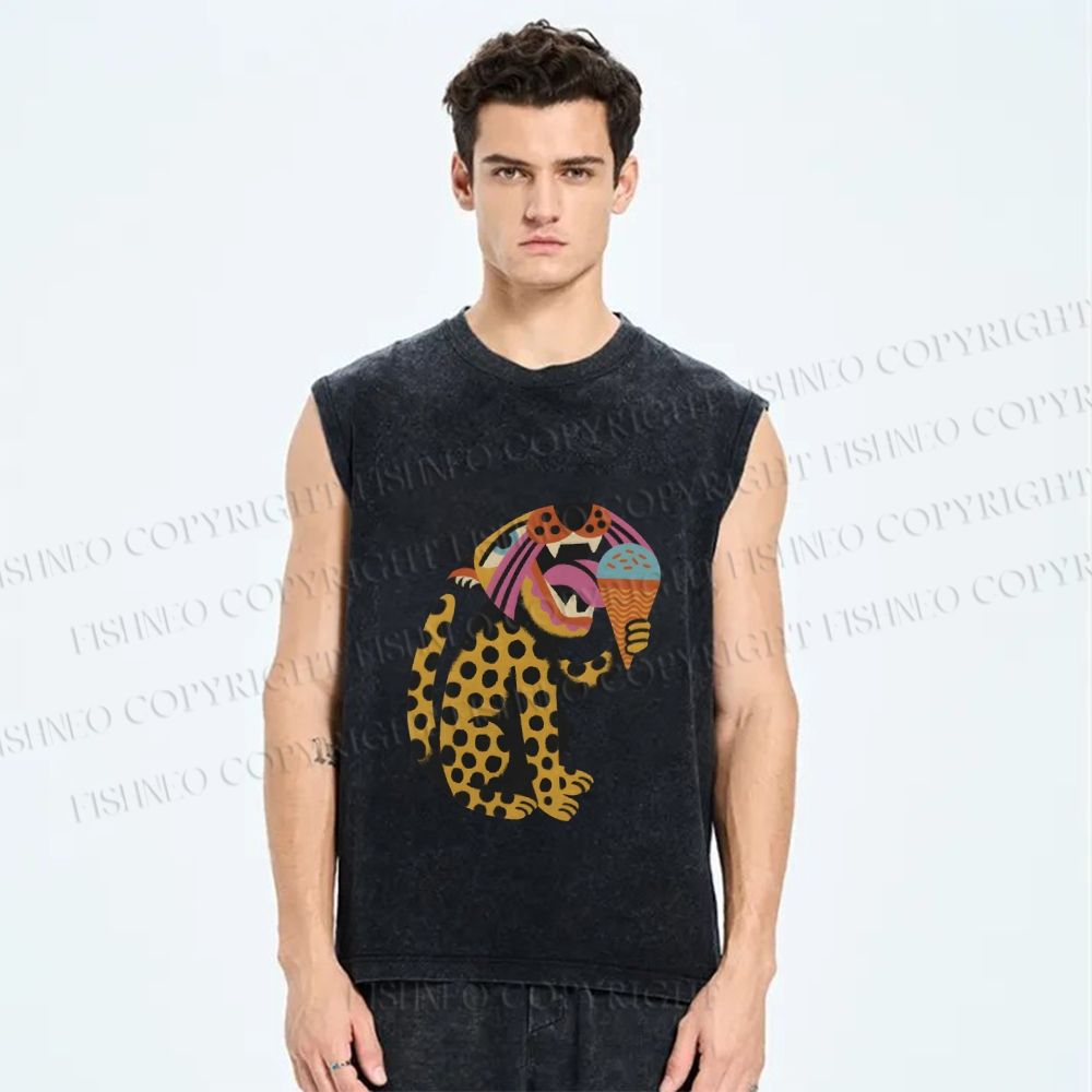 Unisex Panther Having Ice-cream Printed Washed Tank Top