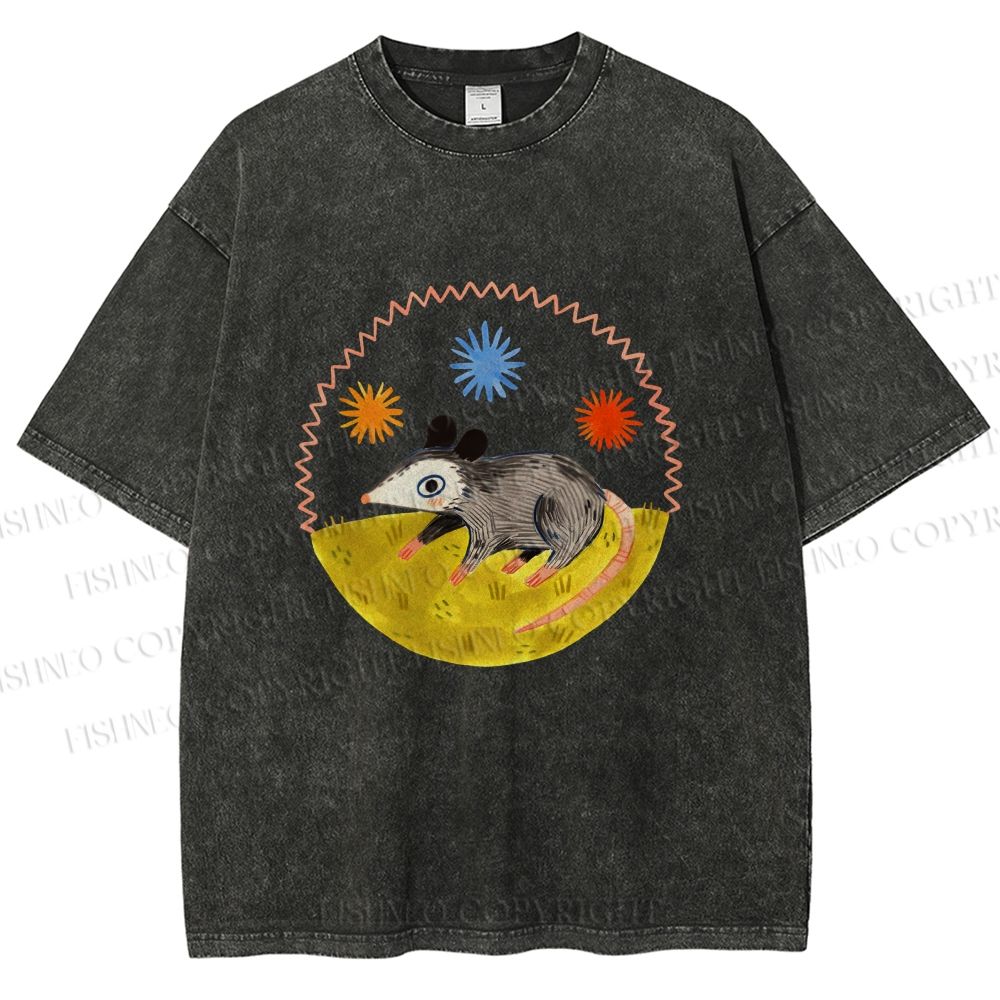 Unisex Cute Opossum Printed Washed Tee