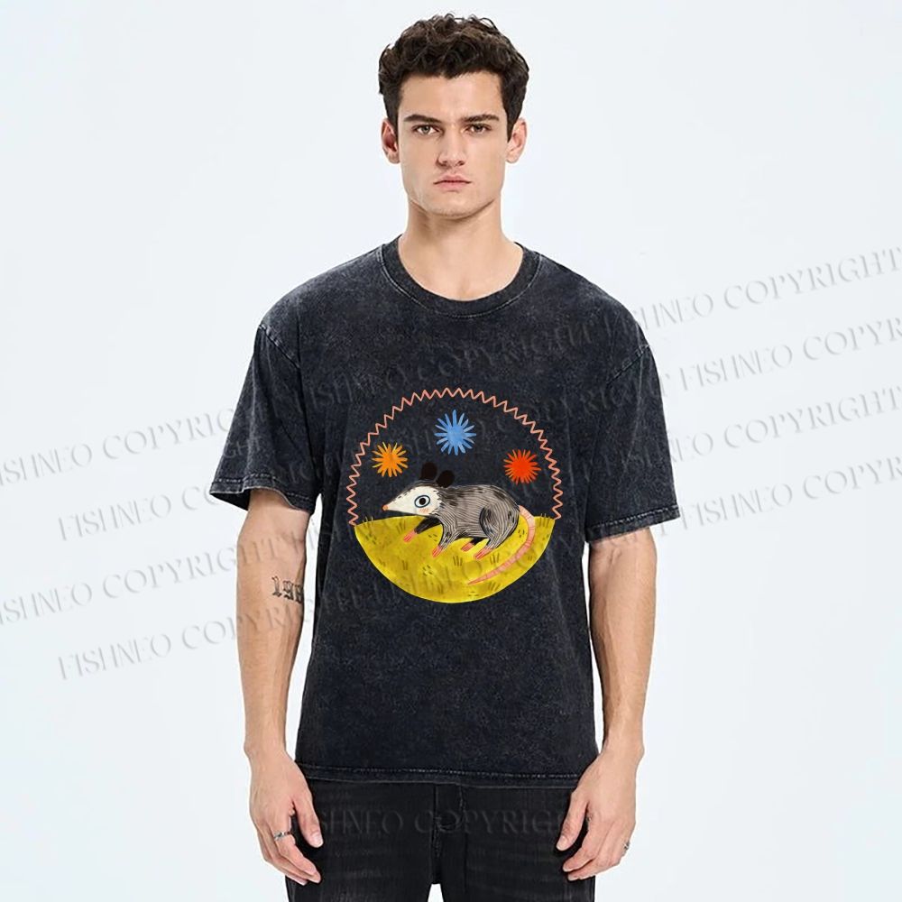 Unisex Cute Opossum Printed Washed Tee