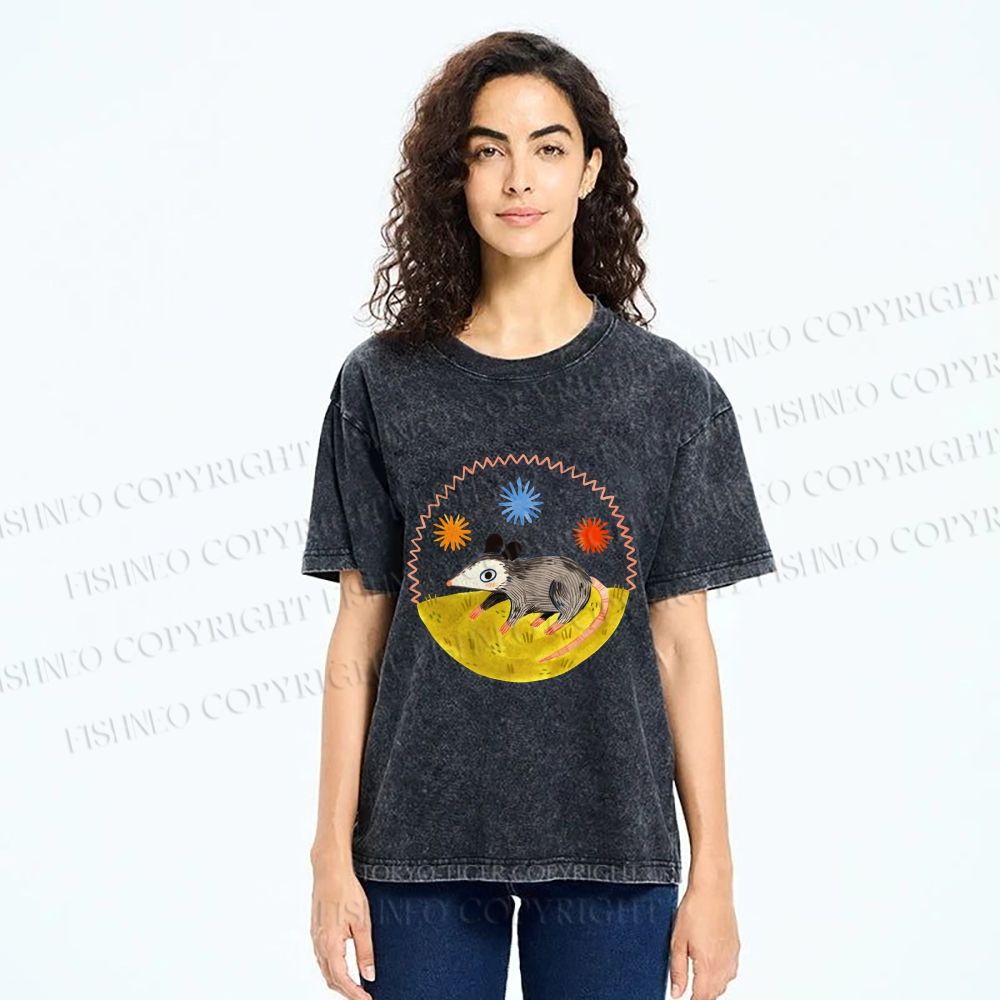 Unisex Cute Opossum Printed Washed Tee