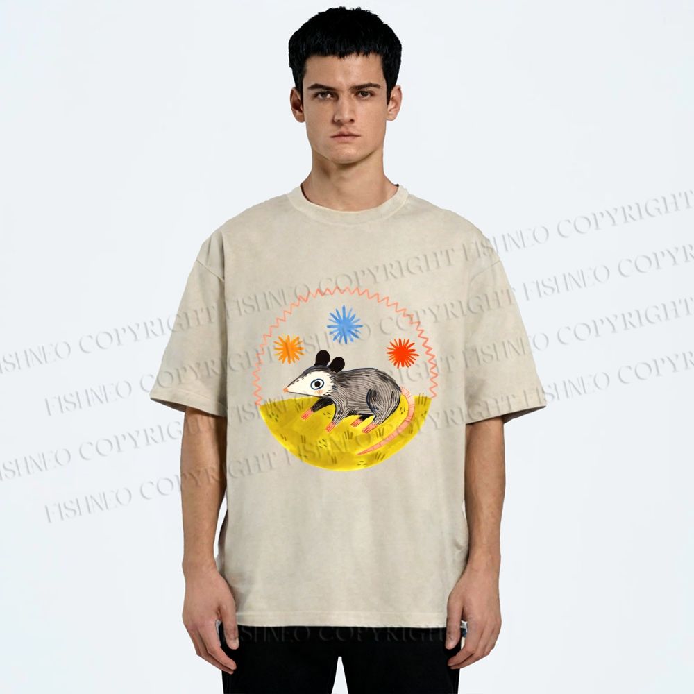 Unisex Cute Opossum Printed Washed Tee