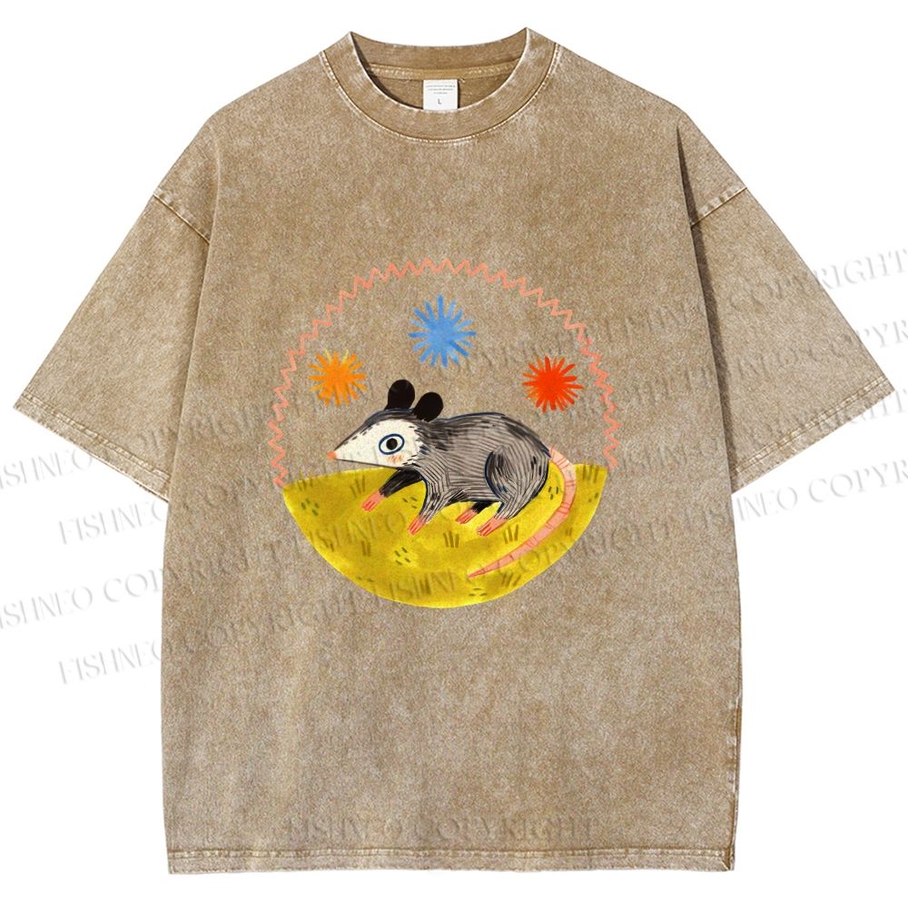 Unisex Cute Opossum Printed Washed Tee