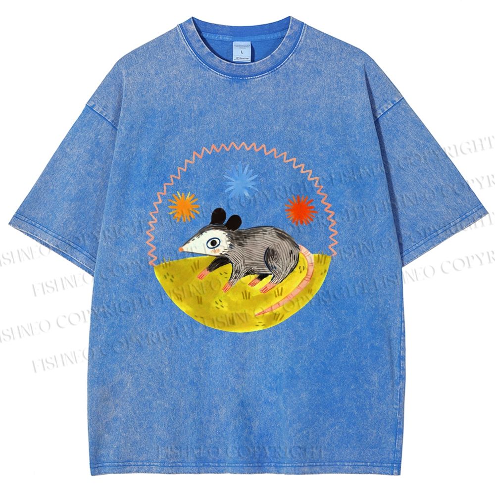 Unisex Cute Opossum Printed Washed Tee