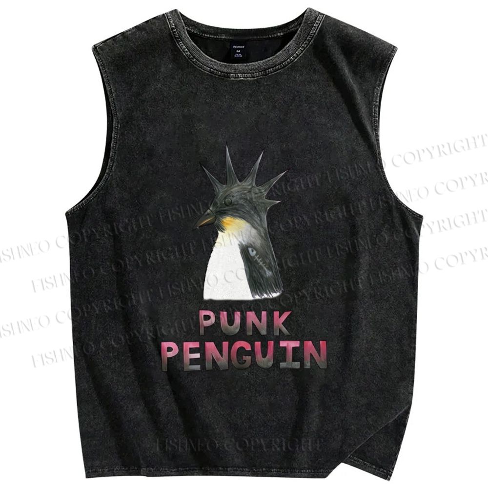 Unisex Punk Penguin Printed Washed Tank Top
