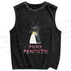 Unisex Punk Penguin Printed Washed Tank Top
