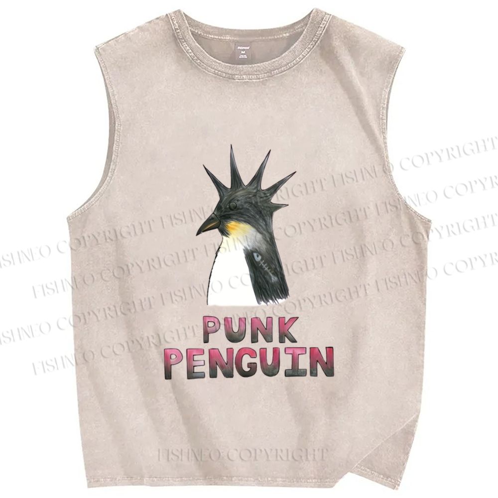 Unisex Punk Penguin Printed Washed Tank Top