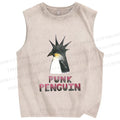Unisex Punk Penguin Printed Washed Tank Top