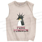 Unisex Punk Penguin Printed Washed Tank Top