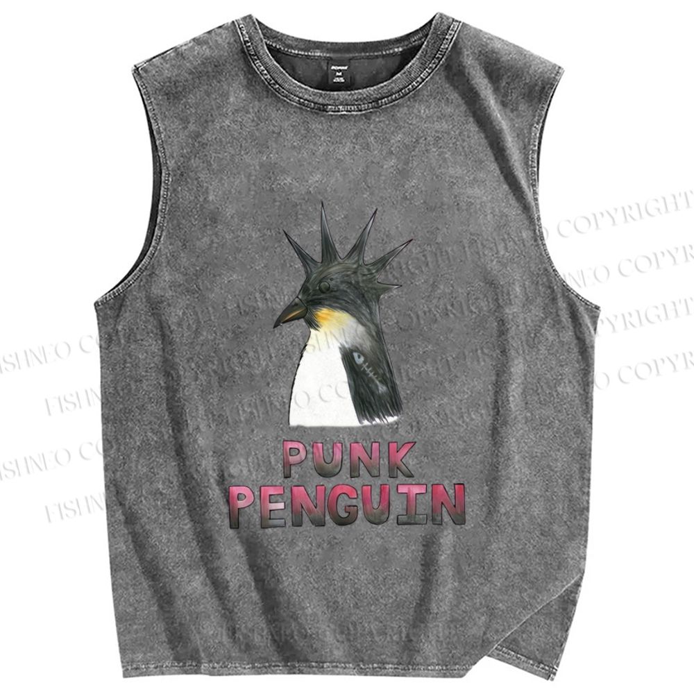 Unisex Punk Penguin Printed Washed Tank Top