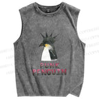 Unisex Punk Penguin Printed Washed Tank Top