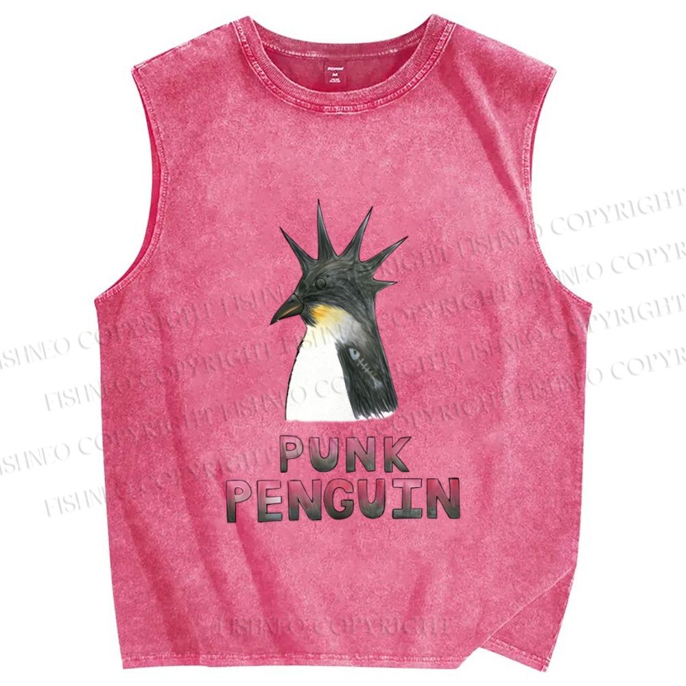Unisex Punk Penguin Printed Washed Tank Top