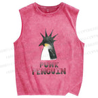 Unisex Punk Penguin Printed Washed Tank Top