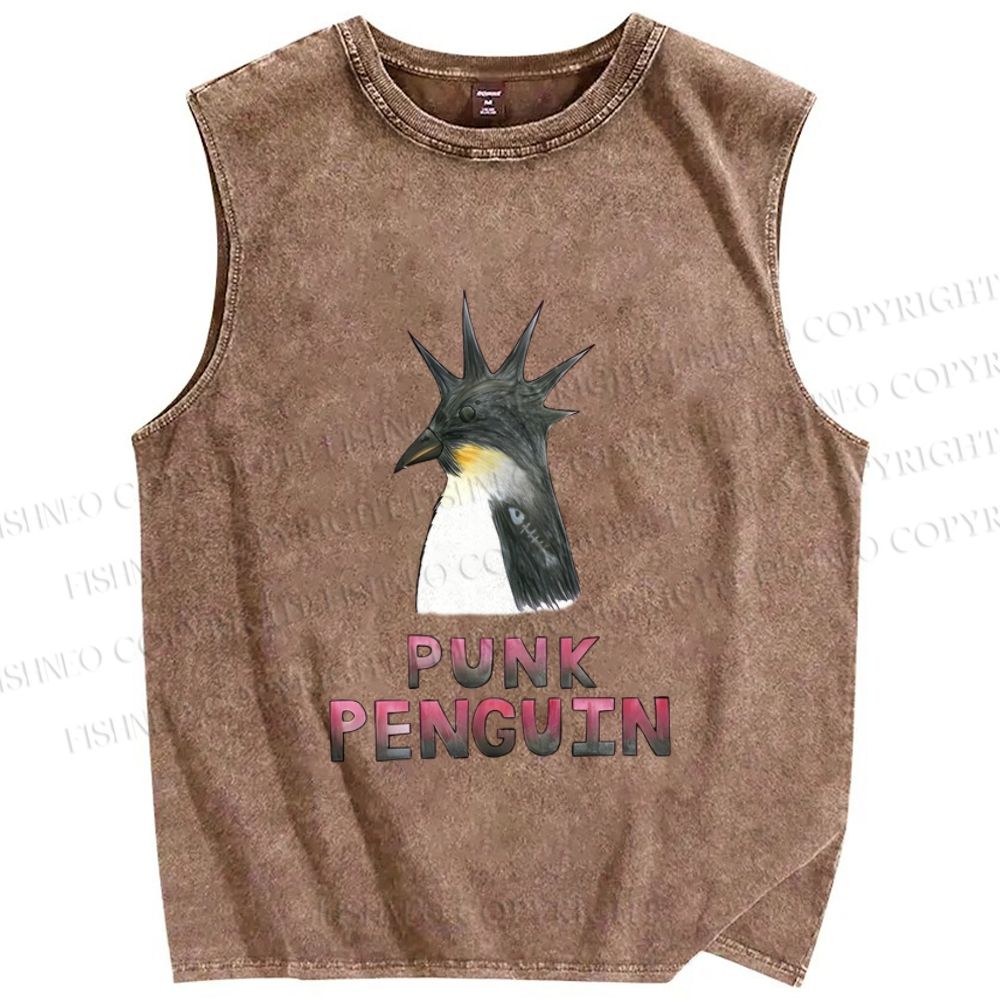Unisex Punk Penguin Printed Washed Tank Top