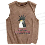 Unisex Punk Penguin Printed Washed Tank Top
