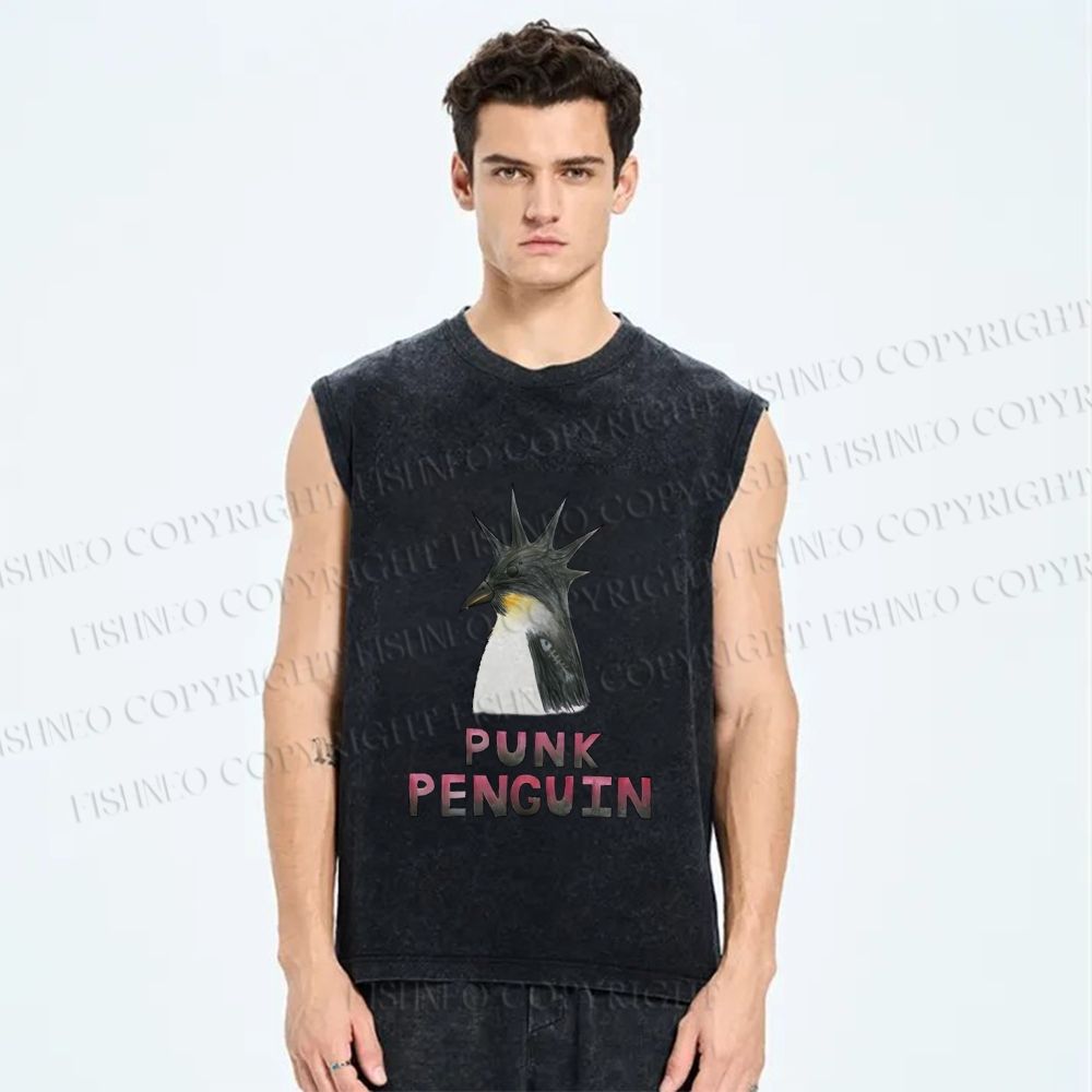 Unisex Punk Penguin Printed Washed Tank Top
