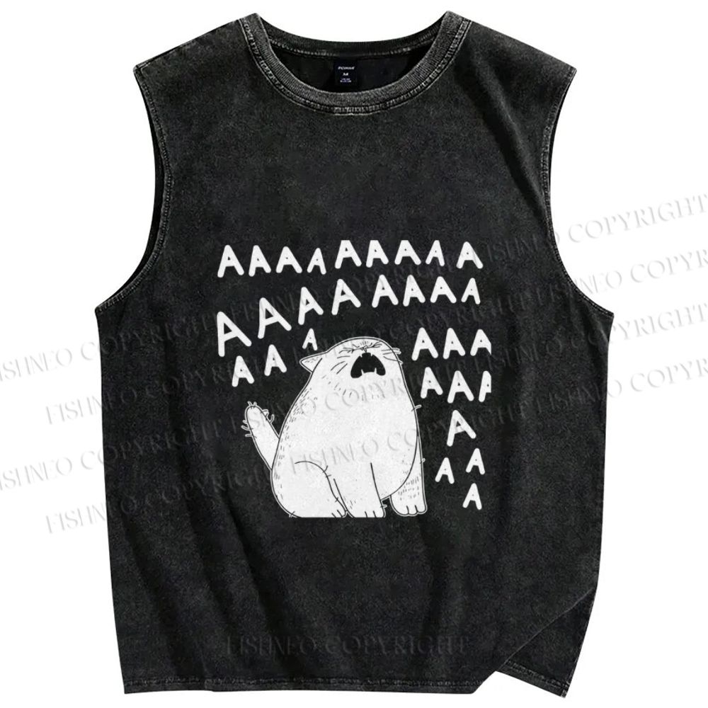 Unisex Screaming Cat AAAAA Printed Washed Tank Top