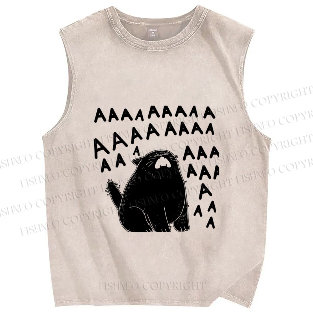 Unisex Screaming Cat AAAAA Printed Washed Tank Top