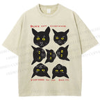 Unisex Black Cat Printed Washed Tee