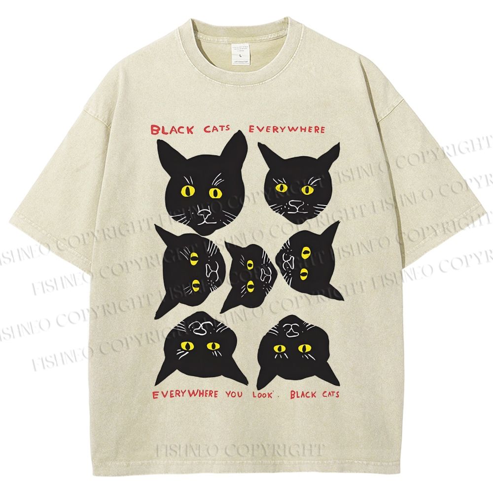 Unisex Black Cat Printed Washed Tee
