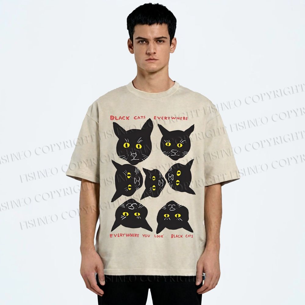 Unisex Black Cat Printed Washed Tee