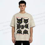 Unisex Black Cat Printed Washed Tee