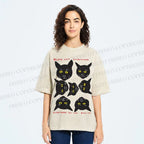 Unisex Black Cat Printed Washed Tee