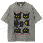 Unisex Black Cat Printed Washed Tee