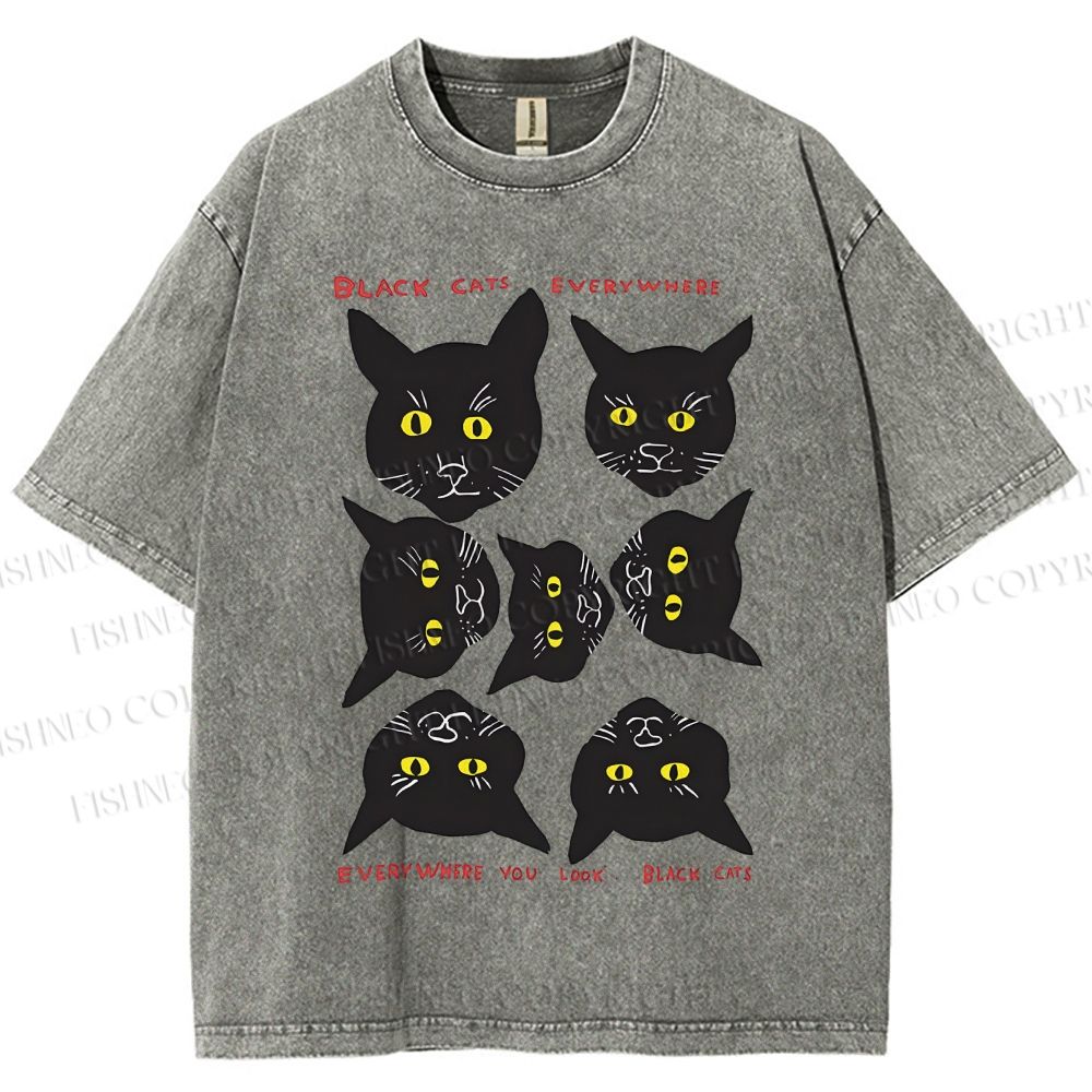 Unisex Black Cat Printed Washed Tee