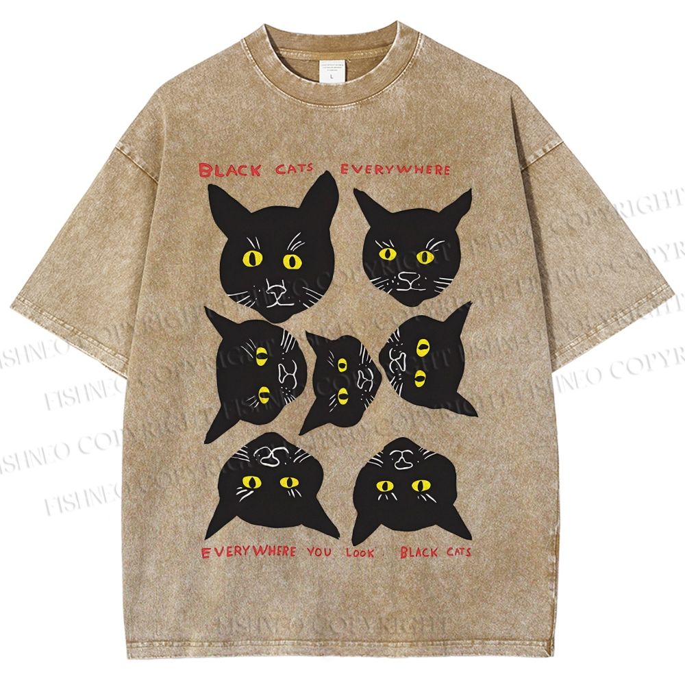 Unisex Black Cat Printed Washed Tee