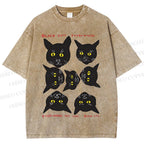Unisex Black Cat Printed Washed Tee