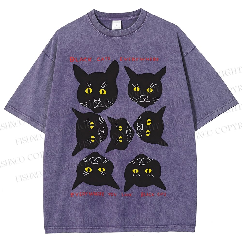 Unisex Black Cat Printed Washed Tee